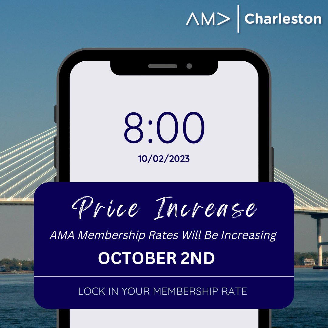 AMA membership rates will increase on October 2, 2023.📢 Now is your chance to lock in your membership before those changes take effect. 

🔗To become a member: charlestonama.org/become-a-membe…

#charlestonsc, #charlestonama, #charlestonbusiness, #charlestonmarketing