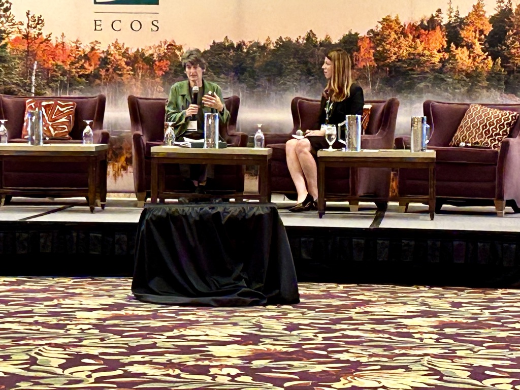 ECOStates's tweet photo. E-Enterprise for the Environment Leadership Council Co-Chairs @SecretaryBiser, Secretary of @NCDEQ and the Honorable Janet McCabe, Deputy Administrator of @EPA, trace the evolution of the ECOS-EPA partnership. #ECOSFall23 https://t.co/8iw4Eg34mg