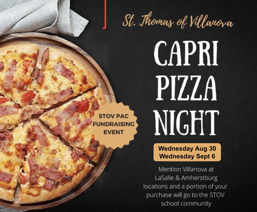 Pizza night-this Wednesday and next. Mention Villy when you order.