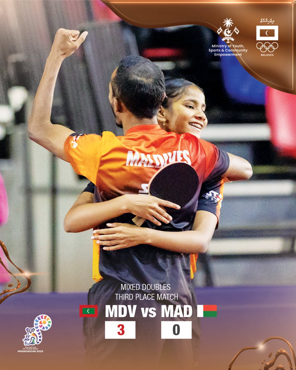 Victory in sight! Dheema and Shaffan secure the bronze medal in an impressive 3-0 win against Madagascar in the intense table tennis mix doubles match. @TT_Maldives @MoYSCEmv 📸 MOC Media / Ismail Thoriq
