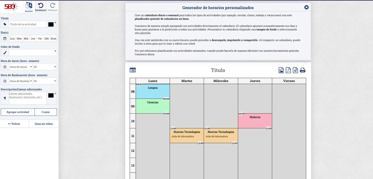 Compartimos una herramienta muy útil y sencilla de utilizar. Permite crear horarios personalizados y descargarlos en .jpg o .pdf. 🗓️
Es perfecta para que la utilicen docentes, alumnado y familias. 🙂
Es gratuita y no requiere registro.
schedulebuilder.org/es