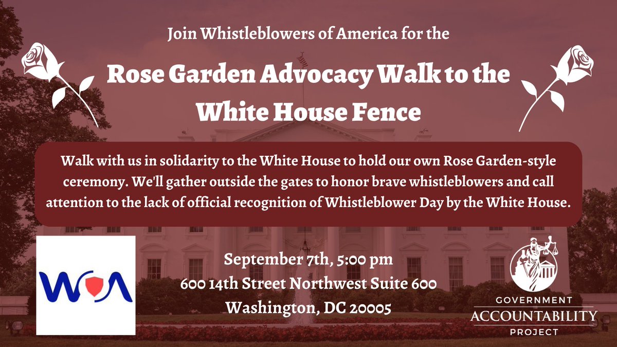 Do you appreciate whistleblowers?

If so, join us and <a href="/WhistleP2P/">Whistleblowers Of America</a>  in an advocacy walk to the White House where we will be hosting our very own rose garden ceremony in their honor! 🌹

Register for the event now! 👇
eventbrite.com/e/rose-garden-…