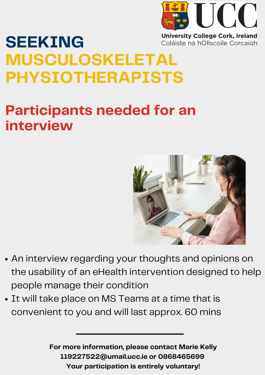 🚨 MSK Physiotherapists 🚨 My PhD research aims to develop & design an #eHealth intervention for people w/ #MSK condition. If you would like to take part in an interview to explore the usability of this intervention, please get in touch #Physiotherapy #technology #eHealth 👇🙏
