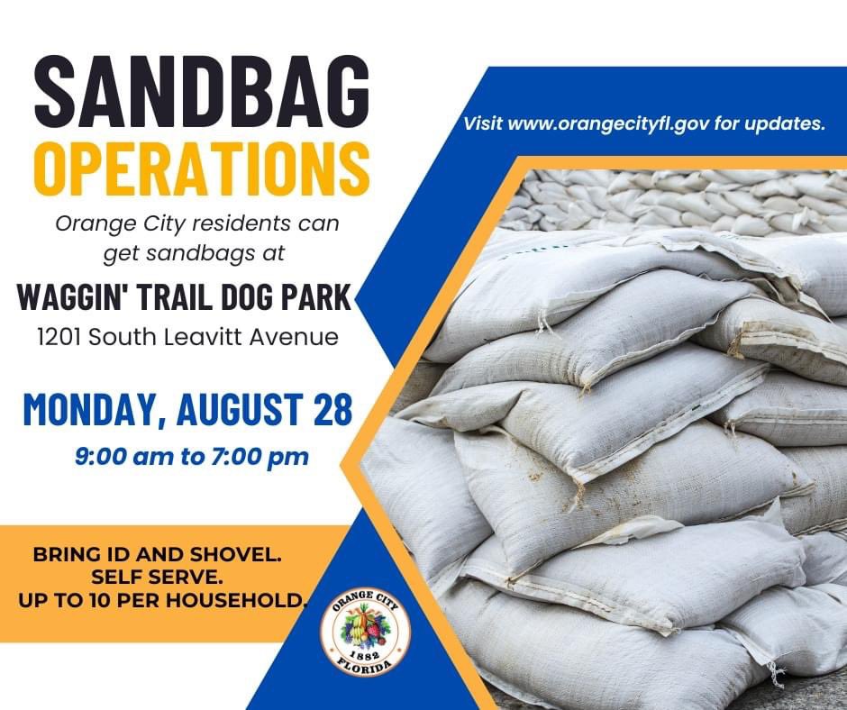 The City’s sand bag site is open until 7 pm today at Waggin’ Trail Dog Park.  It will remain open later, if needed. 
 
A webpage has been created to share information regarding the storm: orangecityfl.gov/departments/fi…