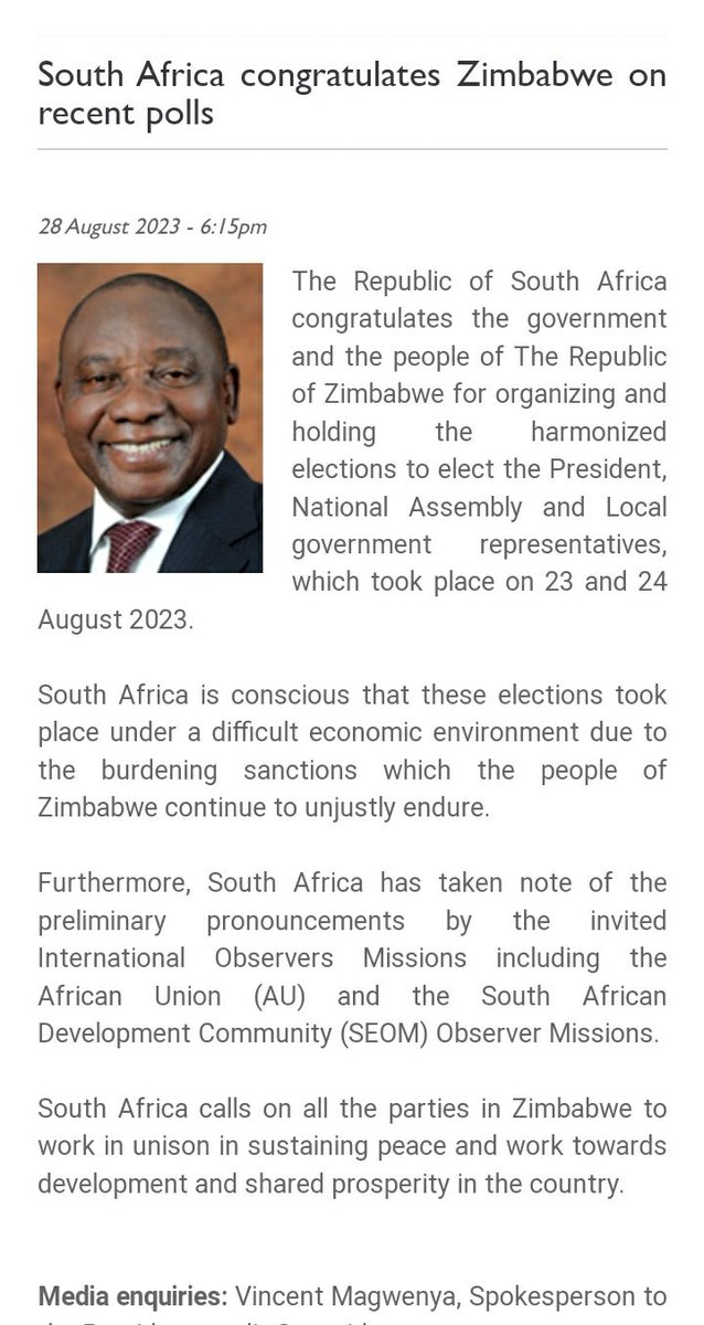 South Africa's congratulatory remarks to President ED Mnangagwa and Zimbabwe make a very critical point which SADC reiterates always but which was mischievously ommitted by the SADC Electoral Misssion to Zimbabwe due to its head Nevers Mumba who went rogue and joined the