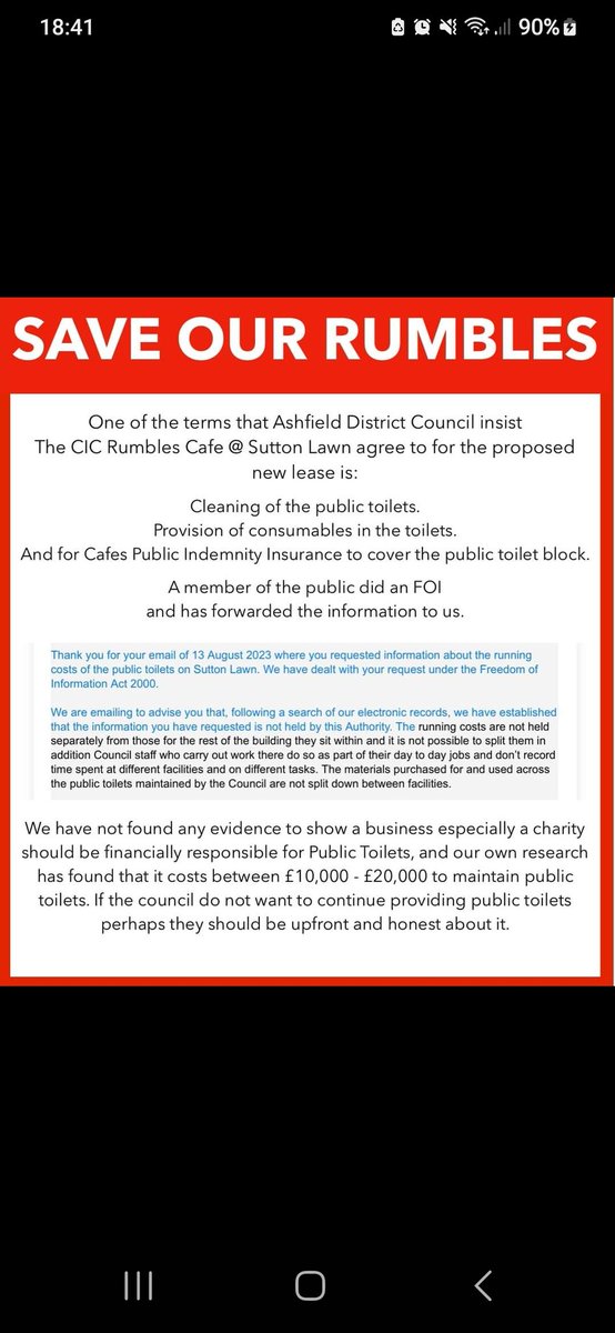 cafe_rumbles's tweet image. So @ADCAshfield are demanding the Charity  clean, maintain and insure the PUBLIC toilets....🤷‍♂️

They however, can't provide evidence of how much this will cost....🙈

The Council really do need to come forward and explain their working out....👀

#SaveOurRumbles