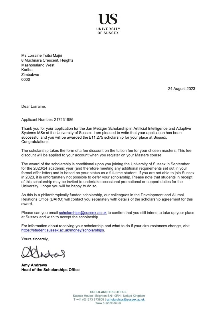 I am thrilled to share that I have been awarded the prestigious Jan Metzger Scholarship at the University of Sussex!  

I'd really appreciate it if you would share or donate to my GoFundMe. Every contribution will help me achieve my dream,
gofund.me/72afbc13.