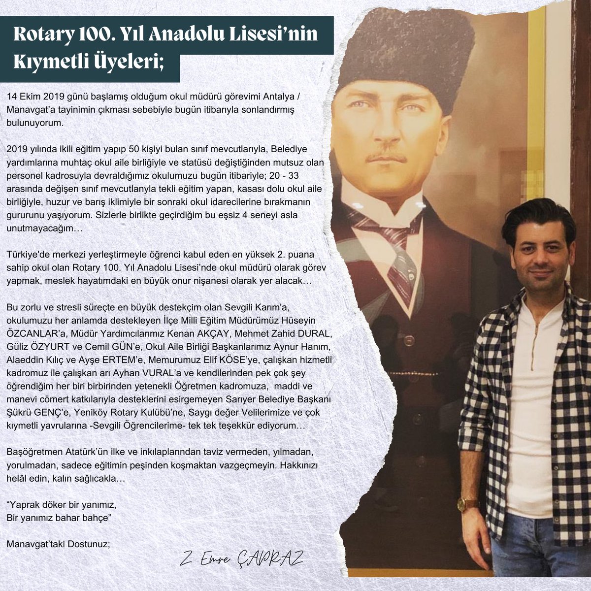 Okul Müdürümüz <a href="/emrecapraz/">Emre Çapraz</a> ‘dan Veda Mesajı…