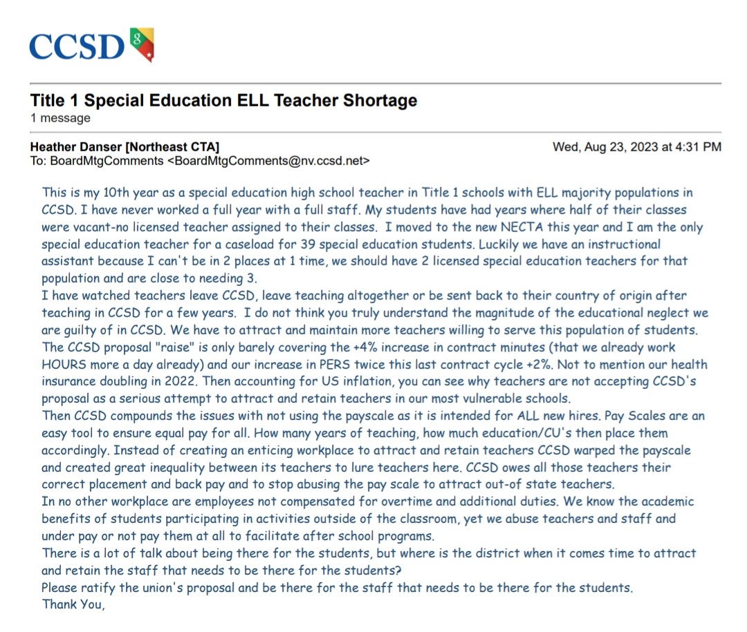 'I do not think you truly understand the magnitude of the educational neglect we
are guilty of in CCSD.' - Heather Danser, HS SPED teacher
#CCSD #TeacherShortage