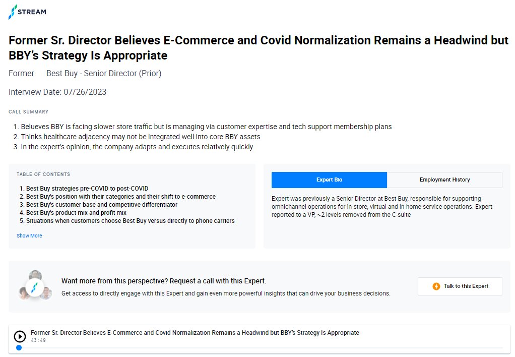 Former Sr. Director Believes E-Commerce and Covid Normalization Remains a Headwind but $BBY's Strategy Is Appropriate

Call Summary:
1. Believes Best Buy is facing slower store traffic but is managing via customer expertise and tech support membership plans

2. Thinks healthcare