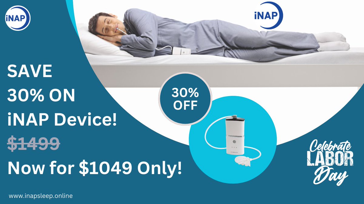 iNAPsleep's tweet photo. Unveil tranquil nights with iNAP Sleep Apnea Device! 😴✨ Say goodbye to sleep apnea's restlessness this Labor Day. 🌙 Enjoy 30% off - just $1049! Transform your sleep quality and days. Don't miss out! 💪💤 
https://t.co/8kcz3cHudQ
#LaborDaySpecial #BetterSleep #iNAP https://t.co/T9ayCktbhf