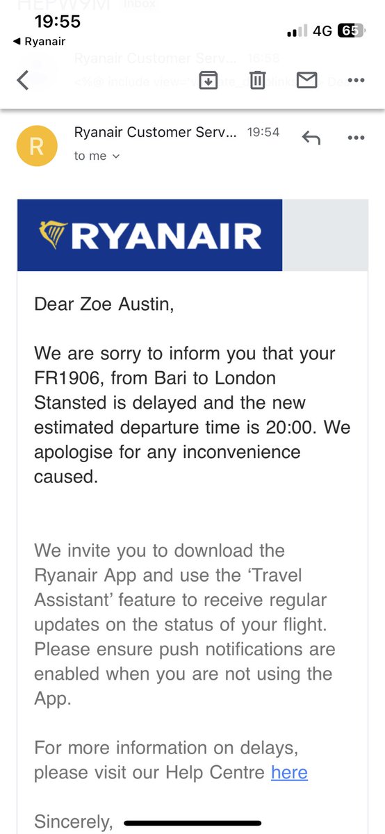 SlaterzAustin's tweet photo. Just had this e mail saying we’re departing in 6 minutes - someone have a word - does anyone know what’s going on??? @Ryanair https://t.co/tIEHiPpSXP