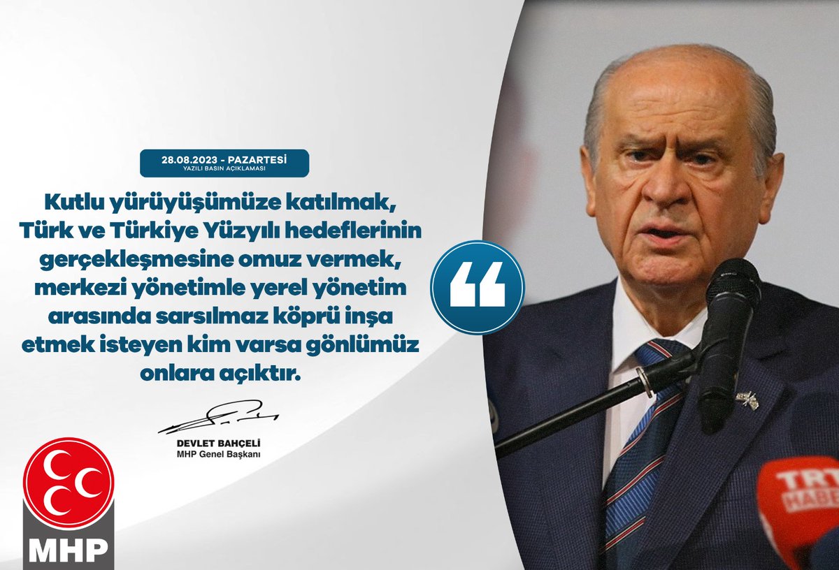 Kutlu yürüyüşümüze katılmak, Türk ve Türkiye Yüzyılı hedeflerinin gerçekleşmesine omuz vermek, merkezi yönetimle yerel yönetim arasında sarsılmaz köprü inşa etmek isteyen kim varsa gönlümüz onlara açıktır. MHP Genel Başkanı Devlet BAHÇELİ