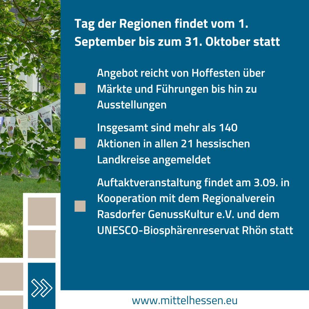 Odenwälder Spezialitäten, Federweißer, leckeres Brot, Kartoffeln, Kürbisse, Äpfel und mehr – nicht nur kulinarisch wartet auf die Besucher:innen beim Tag der Regionen vom 1.09. - 31.10. so einiges.
 
Koordiniert wird der 25. Tag der Region vom RP Gießen: is.gd/6ZN4sT