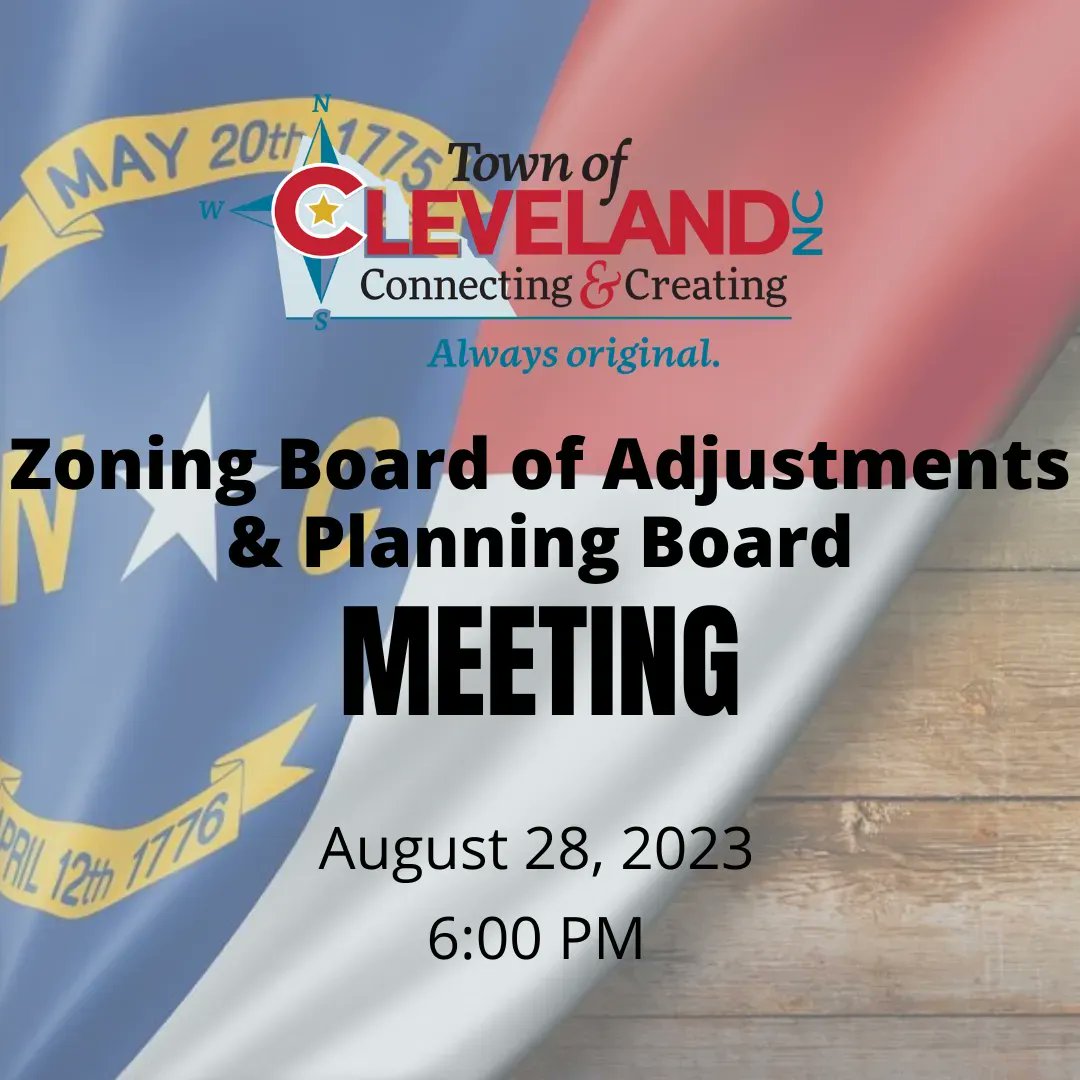 TownClevelandNC's tweet photo. **Public Notice** 

There will be a #ClevelandNC Planning &amp; Zoning Board meeting tonight at 6:00p.m. The public is welcome to attend.

#AlwaysOriginal https://t.co/LYjkOI7cYI