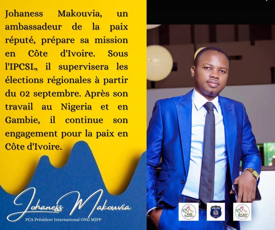 MakouviaJ's tweet photo. En qualité de chef de mission pour l'observation des élections, Johaness Makouvia, un ambassadeur de la paix reconnu par de nombreuses distinctions, prépare actuellement sa mission en Côte d'Ivoire. À partir du 02 septembre, il supervisera sous l'égide de  l'IPCSL les élections.. https://t.co/TqV8LQbbld
