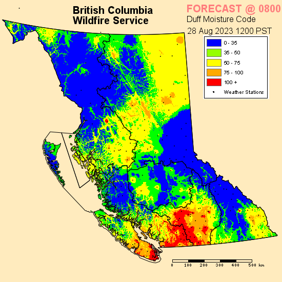 meteo_matt's tweet photo. As per Thunderstorm Outlook by @ECCCWeatherBC scattered lightning forecast over BC Coast today. Unfortunately, limited rainfall to accompany the strikes
Duff Moisture Code chart shows just how dry the southern half of #VanIsl & LM. New wildfires likely.
#BCwildfire #BCstorm https://t.co/q6GLpALS3T