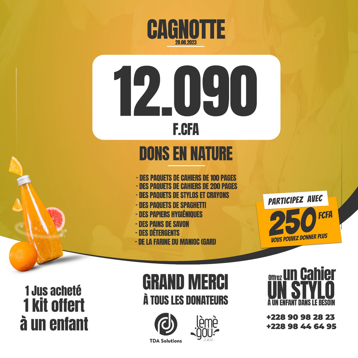 « Toutes les fois que vous avez fait ces choses à l'un de ces plus petits de mes frères, c'est à moi que vous les avez faites » Mathieu 25 : 40.

Toute notre gratitude à l'endroit des donateurs. Que Dieu vous le rende au centuple.