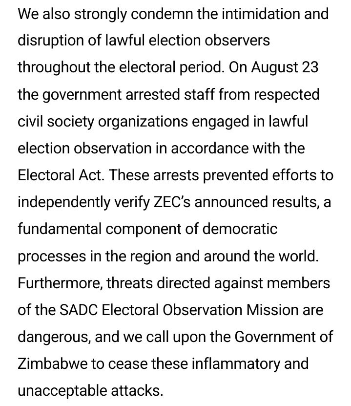 zimlive's tweet photo. #BREAKING The United States State Department says it is engaging regional leaders to share its concerns over Zimbabwe's elections dismissed as not credible by SADC. It also condemns attacks on SADC observers.

"There's much at stake for the people of Zimbabwe and the region." https://t.co/SeF190C8OH