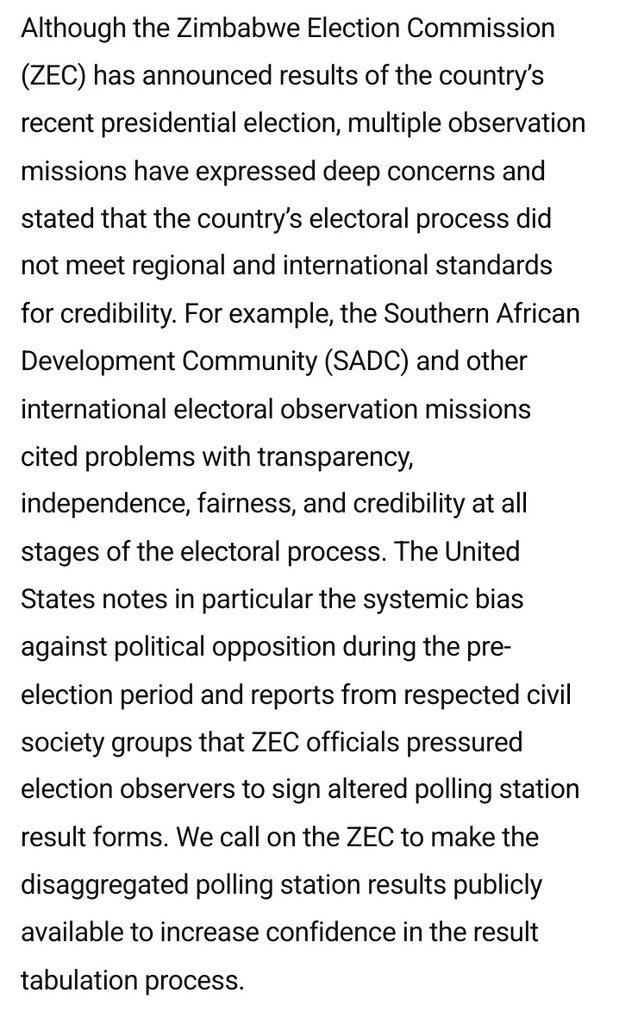 zimlive's tweet photo. #BREAKING The United States State Department says it is engaging regional leaders to share its concerns over Zimbabwe's elections dismissed as not credible by SADC. It also condemns attacks on SADC observers.

"There's much at stake for the people of Zimbabwe and the region." https://t.co/SeF190C8OH