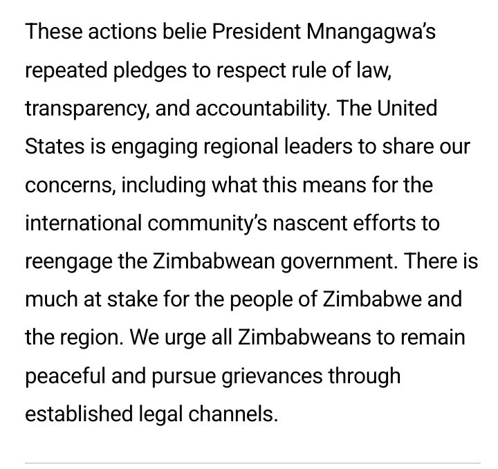 #BREAKING The United States State Department says it is engaging regional leaders to share its concerns over Zimbabwe's elections dismissed as not credible by SADC. It also condemns attacks on SADC observers. 'There's much at stake for the people of Zimbabwe and the region.'