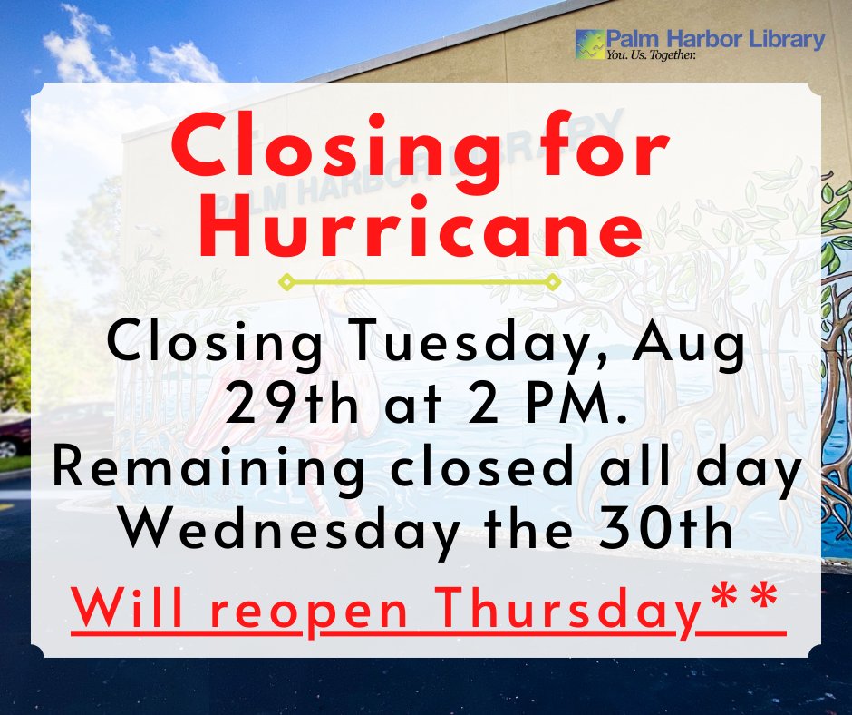 Due to the hurricane, the Library will be closing at 2 PM on Tuesday the 29th. We will be closed all day on Wednesday the 30th. If weather &amp; electricity permits, we will reopen at 9 AM on Thursday the 31st.
We will post updates 🌧️
Stay safe! #HurricaneIdalia #TropicalStormIdalia