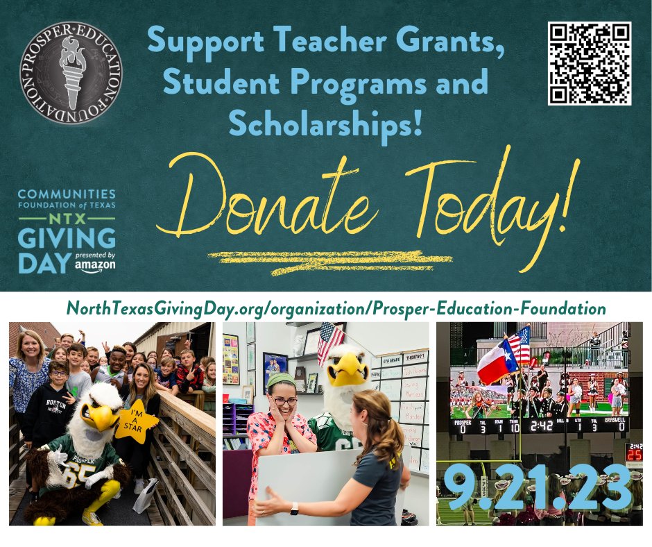 Today is the day to give! 📚🎓🌟🏫Give with purpose for the students and staff of Prosper ISD!
NorthTexasGivingDay.org/organization/P…

#NTXgivingday #ProsperISD #NTXGivingDay2023 #ProsperGives