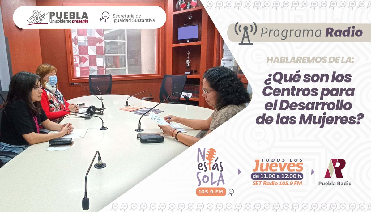 MujeresGobPue's tweet photo. #NES 📻 ¿Qué son los Centros para el Desarrollo de las Mujeres? Sigamos promoviendo e impulsando el empoderamiento de las mujeres 💰
#SETRadio
#DondePueblaSeEscucha
#NoEstasSola https://t.co/FnH28y0zBb
