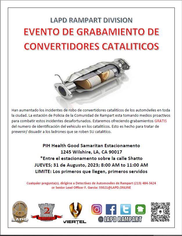 Únete con el departamento de rampart para un evento de grabamiento de convertidores cataliticos este Jueves. 

Join the rampart police department for a catalytic converter engraving event this Thursday.
#free #converter