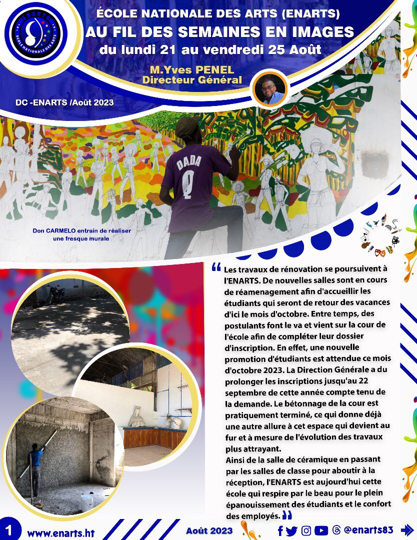 ENARTS83's tweet photo. ENARTS au fil des semaines... 

En image 

Du Lundi 21 au Vendredi 25 Août 2023

#enarts 

#enartshaiti 

#art 

#Haiti https://t.co/OGRrWaRZc7