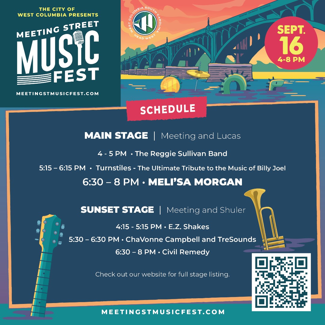 WestColumbiaSC's tweet photo. Get Ready to Rock at West Columbia's Meeting Street Music Fest! 

📍 500 - 700 Blocks of Meeting Street, West Columbia, SC
🗓️ Saturday, September 16, 2023
⏰ 4 – 8 PM
FREE EVENT

Don't miss out on this incredible lineup!
https://t.co/gfldA19M0T
#headwest #livemusic #freemusic https://t.co/XsmWhpD2th