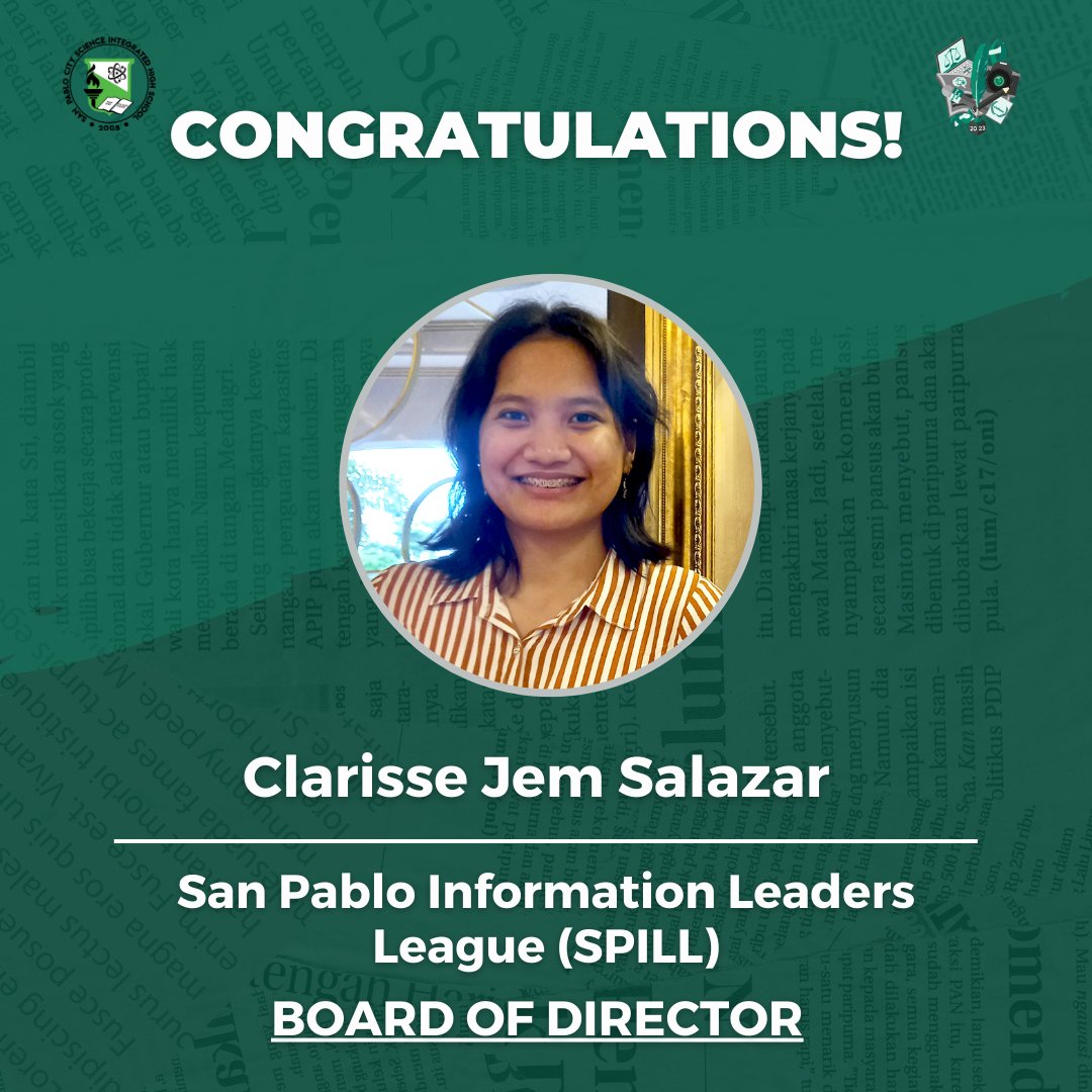 SciHighGeNews's tweet photo. ++
Our Editor-in-Chief, Clarisse Jem Salazar, was elected as one of the Board Directors😎, while our Associate Editor, Adrienne Amberly Palomar, was voted as the Treasurer💼.

Congratulations, young journalists! 🕊️

#TatakGeNews
#GeNewsPublication2023
#SoarHighSciHigh https://t.co/X5PmVHlsOO