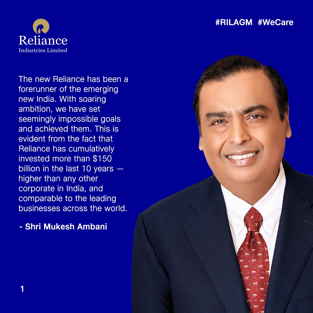 RIL_Updates's tweet photo. Shri Mukesh Ambani at #RILAGM 
#KeyQuotes 1/n https://t.co/eiUIeP8omo