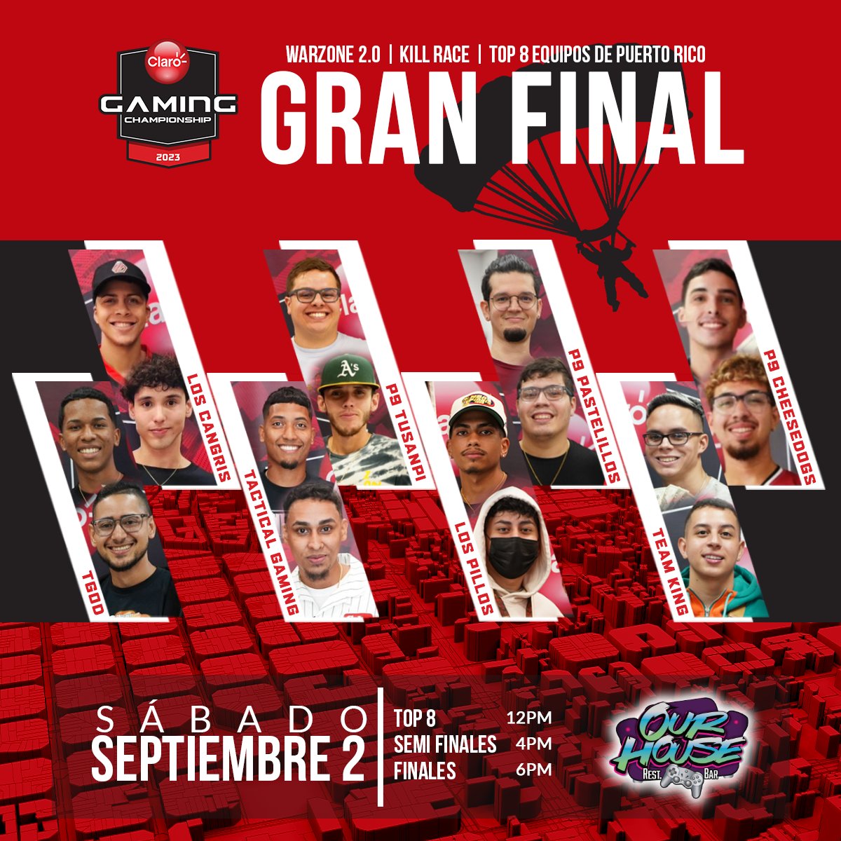 Llégale a Our House en San Patricio Plaza este sábado, 2 de sept., a la GRAN FINAL del <a href="/clarotodo/">Claro Puerto Rico</a> Gaming Championship 2023 donde competirán los Top 8 Equipos de Warzone de PR. El torneo comienza a las 12pm con las semi finales comenzando aprox. a las 4pm y la final a las 6pm.