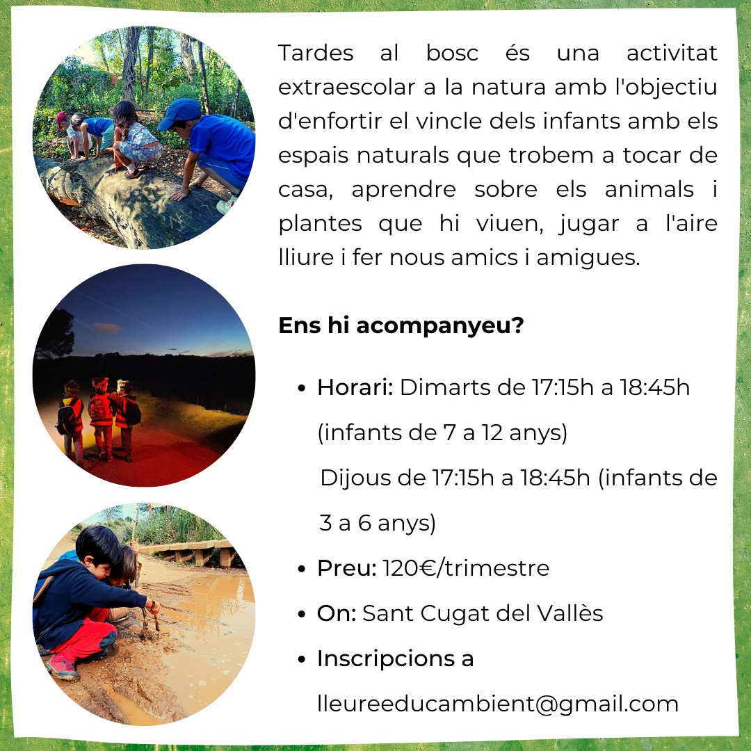 Educambient_'s tweet photo. Inscripcions obertes per l'extraescolar de Tardes al bosc per al curs 23-24! 🌳🐗

Una activitat setmanal durant el curs on els vostres fills i filles trobaran un espai per jugar i aprendre de la natura que tenen al costat de casa.

🔎Podeu trobar més informació a la nostra web https://t.co/4CcEaWL7sm