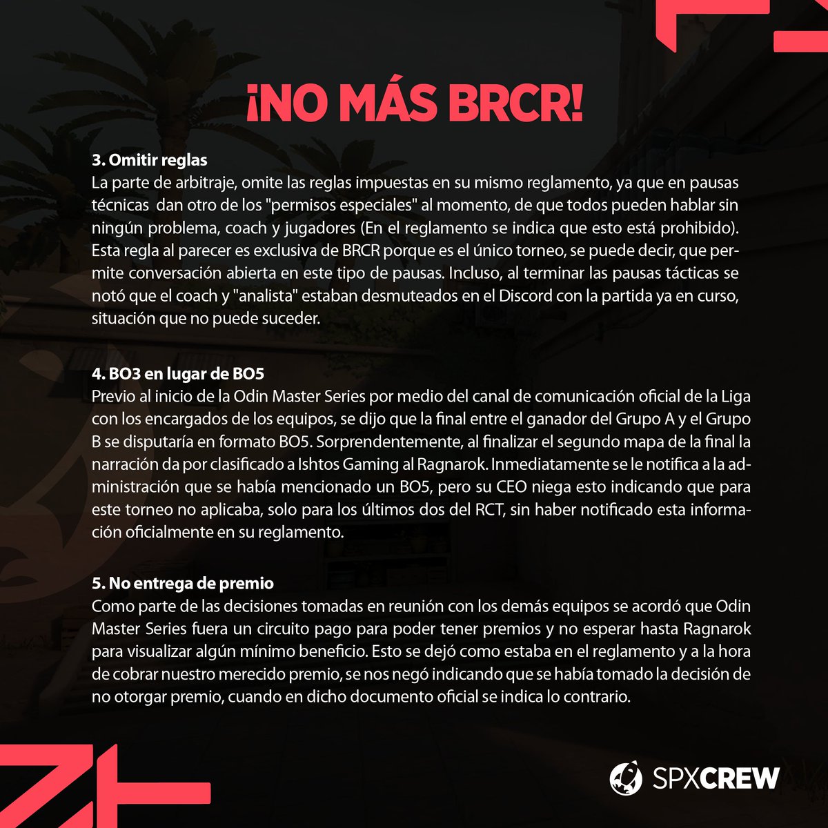 spxcrew_cr's tweet photo. ❌ ¡No más BRCR! ❌

En SpxCrew no vamos a aceptar más que se juegue con una organización que sí se toma en serio el competitivo de Valorant, situaciones inaceptables tienen que dejar de pasar.

Aquí una muestra de nuestras molestias: https://t.co/TgUbcXmIVt