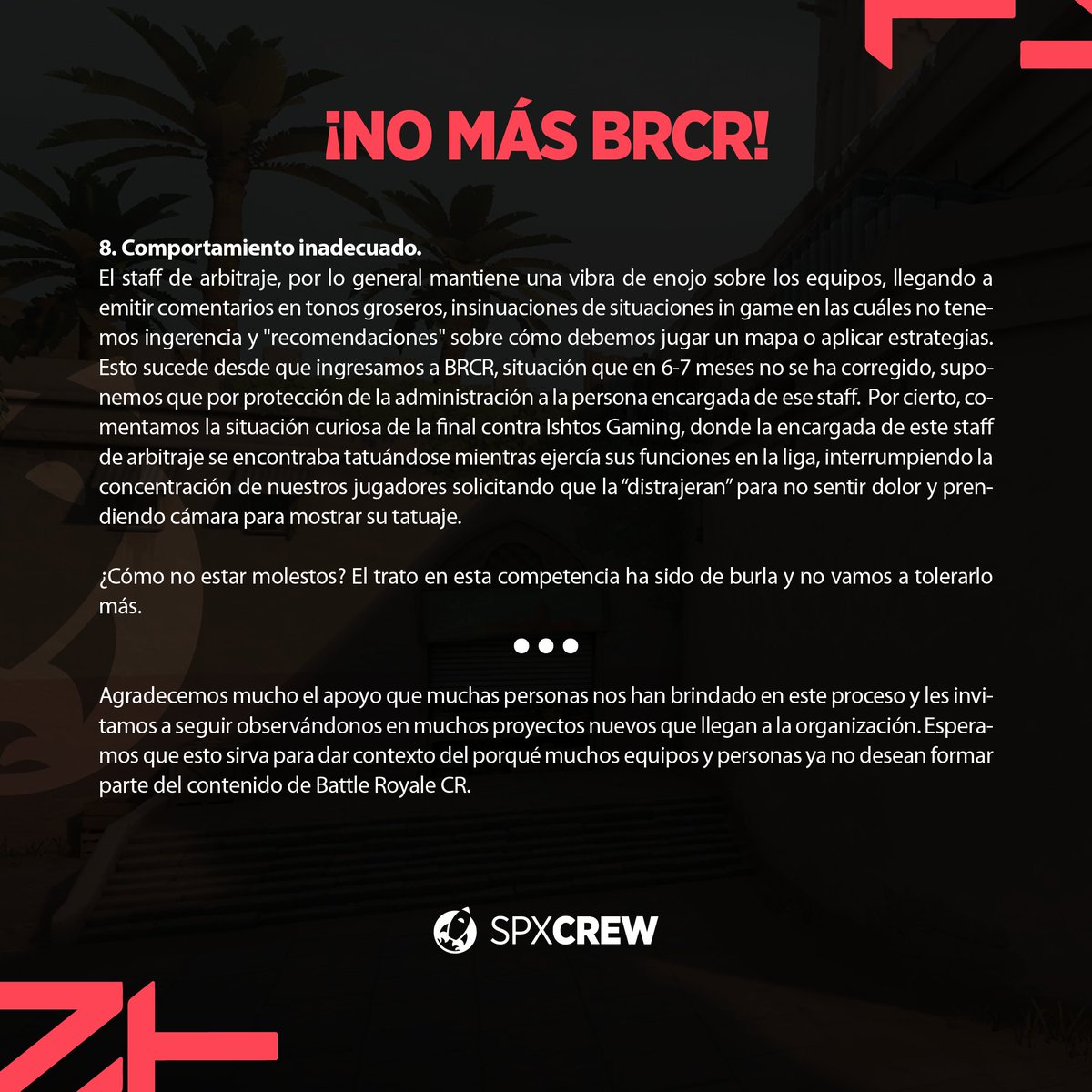 spxcrew_cr's tweet photo. ❌ ¡No más BRCR! ❌

En SpxCrew no vamos a aceptar más que se juegue con una organización que sí se toma en serio el competitivo de Valorant, situaciones inaceptables tienen que dejar de pasar.

Aquí una muestra de nuestras molestias: https://t.co/TgUbcXmIVt