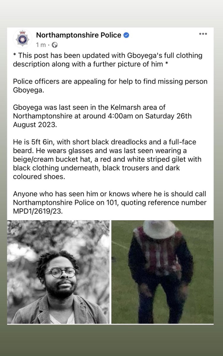 If you’ve seen Gboyega Odubanjo (also known as Yega) since early hours of Saturday morning, either at Shambala/Kelmarsh area or in London please reach out. Details are below with updated description of his clothing. Share &amp; circulate w/ ur network