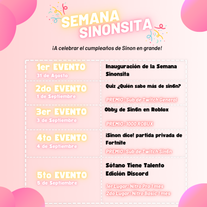 sin6nsupport's tweet photo. 🎂  SEMANA SINONSITA 🎉

¡5 Eventos SORPRENDENTES para celebrar el cumpleaños de nuestra Sinonsita en Discord! 🪩

Además contamos con una nueva dinámica de felicitaciones para los Sinonsitos 😯

Más información 👉 https://t.co/xO38s9tqix

¡A celebrar!

- @sin6n_ https://t.co/BP0A8hLJdl