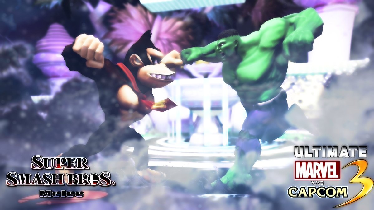 #SuperSmashBros Melee and #UltimateMarvelVSCapcom3 are some of the most impactful fighting games of their respective subgenres, played over a decade from their release. 

As such, I wanted to pay tribute to both with a render of Melee Donkey Kong and #UMVC3 Hulk duking it out!