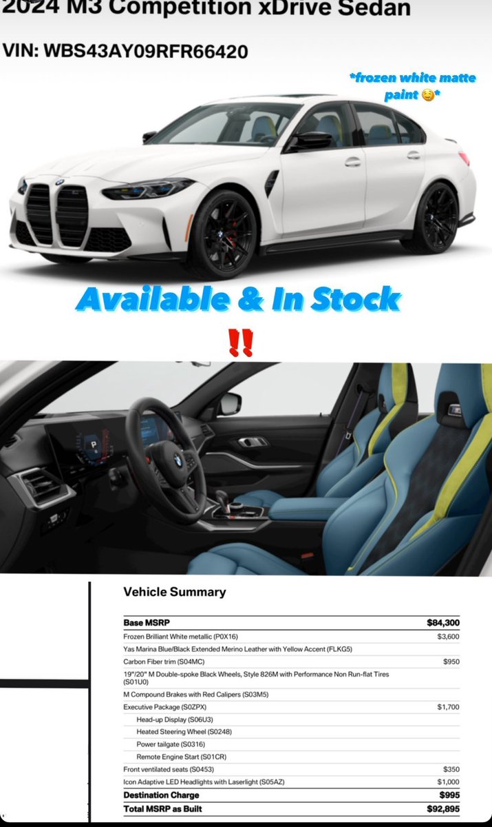 Huncho1820's tweet photo. 2024 BMW Frozen white M3 Competition 

Available and ready to go 

For MSRP💫 https://t.co/h4WuZJ6gEe