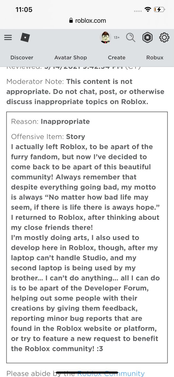 badmoderations's tweet photo. buildthomas has been banned for telling a story of them own, is this unfair? #roblox #robloxmoderation #fixmoderation #fixroblox https://t.co/PZY3L0t6dL