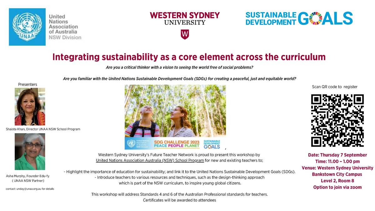 unaansw's tweet photo. Calling all interested school teachers! Join this free workshop by the UNAA NSW School program. Participants will be awarded certificates + teachers can claim this to their Teacher Identified Professional Development Hours.
Register by 5th of September: https://t.co/VDmyMluFAL https://t.co/rcpA848wkZ