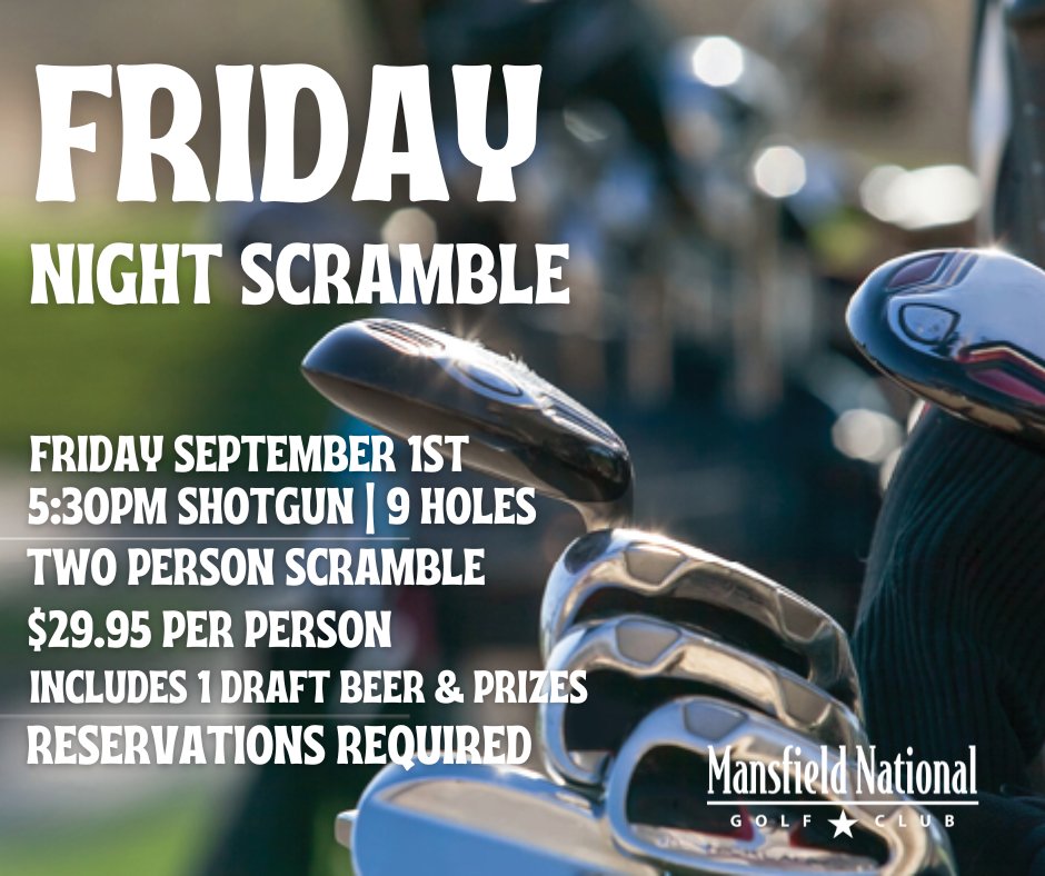 You asked and we listened. #FridayNightScramble will continue into September!!

Complimentary draft beer at check-in 
#HappyHour specials 
On-course contests and raffle giveaways

Sign-up TODAY!
ow.ly/W3eJ50PF8UH