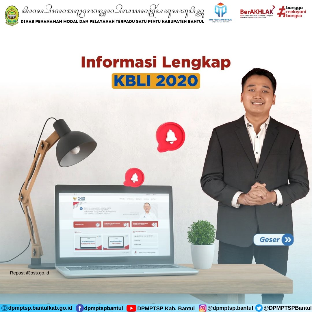 DPMPTSPBantul's tweet photo. Ingin mengetahui Klasifikasi Baku Lapangan Usaha Indonesia (#KBLI) yang sesuai dengan usahamu? Langsung cek yuk informasi lengkapnya di website OSS di https://t.co/ponKxn6Cc4. Klik menu INFORMASI lalu pilih Klasifikasi Baku Lapangan Usaha Indonesia 2020.
#OSSRBA #NIB https://t.co/nSle7dMafU