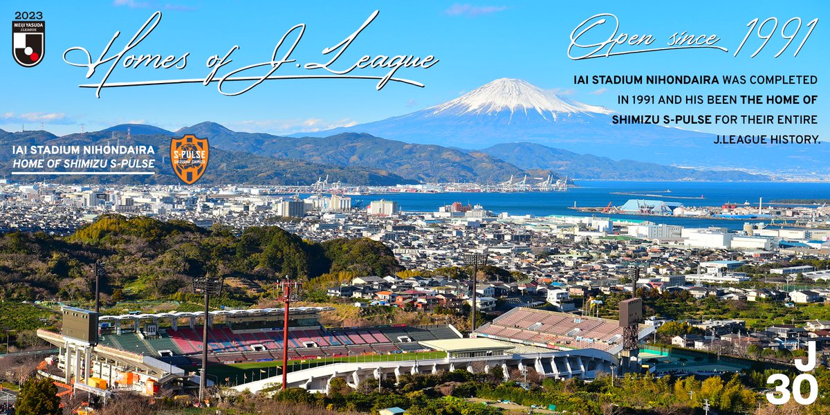J_League_En's tweet photo. 🏡🇯🇵 HOMES OF J.LEAGUE: Shimizu S-Pulse 🟧⚽️

🗻🌊 With glorious views of Mount Fuji across the bay, IAI Stadium Nihondaira is a jewel of a #JLEAGUE venue!

🏟️🤩 This epic football ground is encased in hilly greenery &amp; home to @spulse_official, one of Japan's most famous clubs! https://t.co/VJMN9Qxifi
