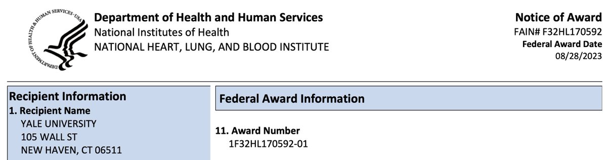 Thrilled to receive the #NOA for my #F32 today. Grateful to @nih_nhlbi for funding and all mentors for their support. Looking forward to applying #AI for multi-modal point-of-care screening of CV disease and working with the amazing team @cards_lab @Yale led by @rohan_khera.