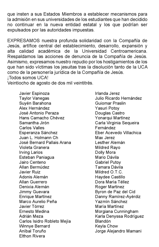 Calidhorg's tweet photo. | DECLARACIÓN EN SOLIDARIDAD CON LAS AUTORIDADES, ESTUDIANTADO Y TRABAJADORES DE LA UNIVERSIDAD CENTROAMERICANA Y CON LA COMPAÑÍA DE JESÚS |

Los firmantes de esta declaración rechazamos enérgicamente la disolución de la UCA y los ataques del régimen contra la Compañía de Jesús. https://t.co/3uYWH6xnfW