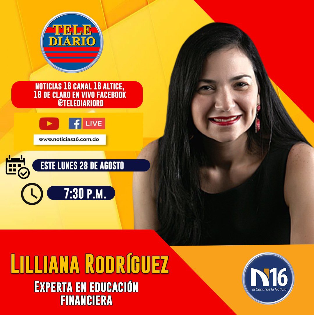 lillianarodalv's tweet photo. Sintoniza Tele Diario RD por N16, canal 16 de Altice y canal 18 de Claro. Estaré conversando con @RobertGNoticias sobre los puestos de bolsa. https://t.co/hMUObgU38d