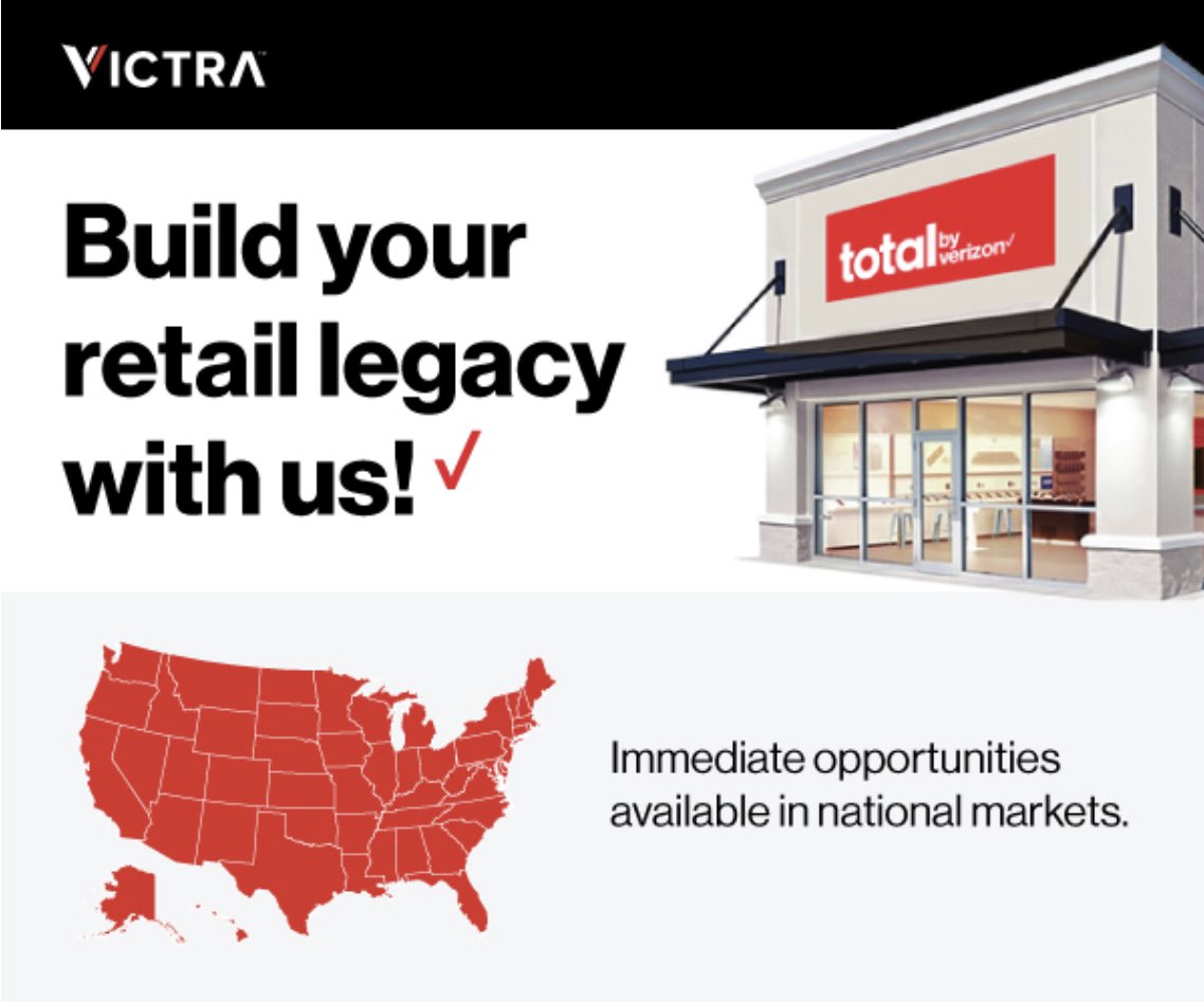 Join the National Expansion of Total by Verizon with Victra - Verizon Authorized Retailer. Openings are fast, we are dealer centric, and its the best prepaid program available today! We’ll open doors EVERYWHERE with partners!  Start today! Call or DM for details! 484-350-5003.